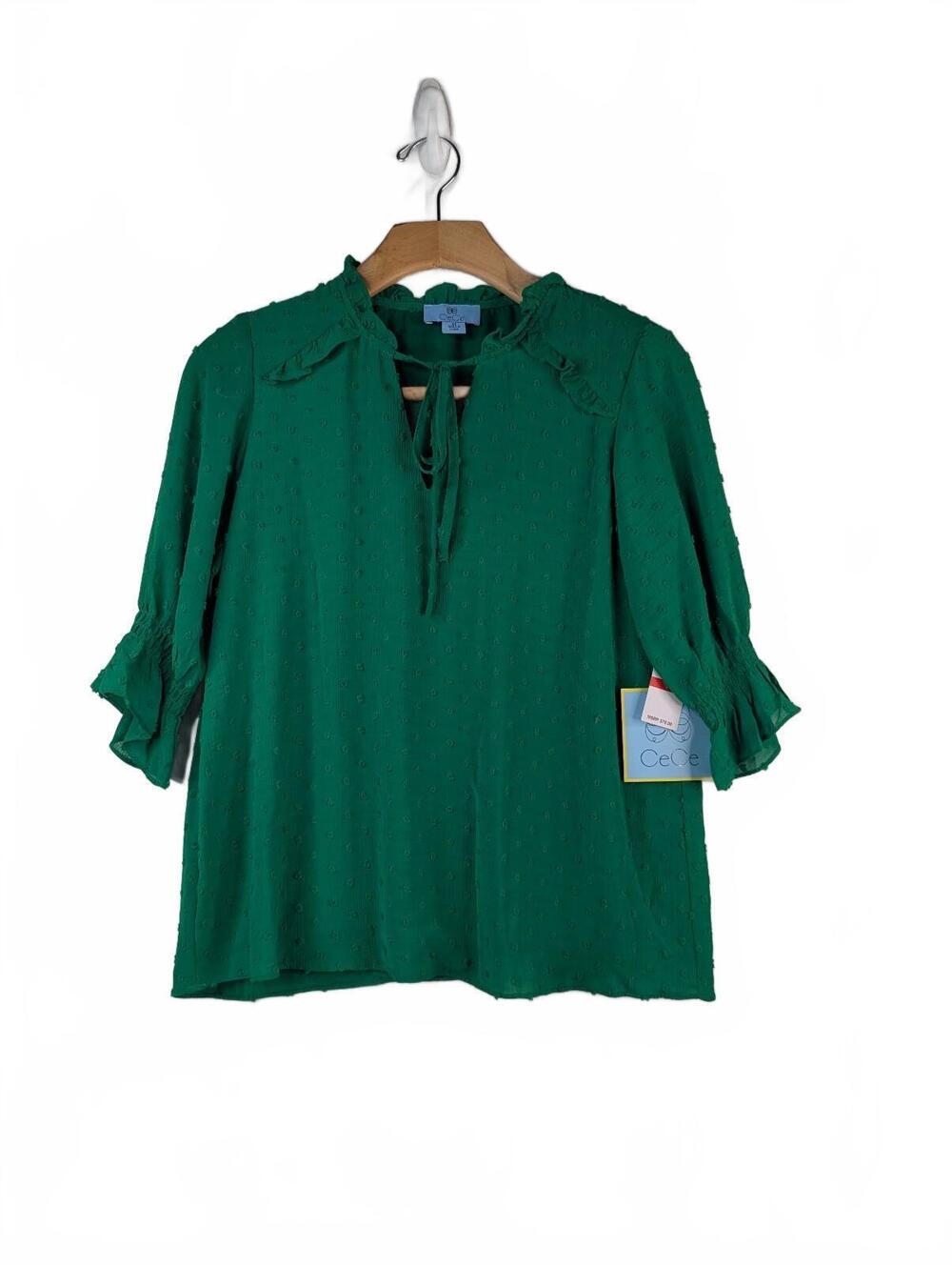 NWT CeCe Textured Swiss Dot Blouse Light Green Polyester Size XS